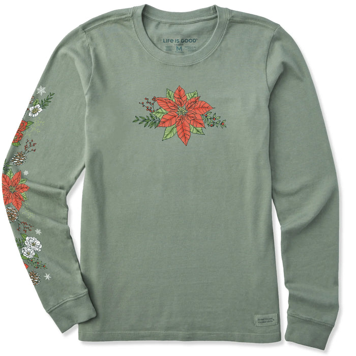 Life is Good. Women's Poinsettia Flowers Long Sleeve Crusher Tee, Moss Green