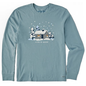 Life is Good. Men's Snowy Cabin in the Woods Long Sleeve Crusher Tee, Smoky Blue