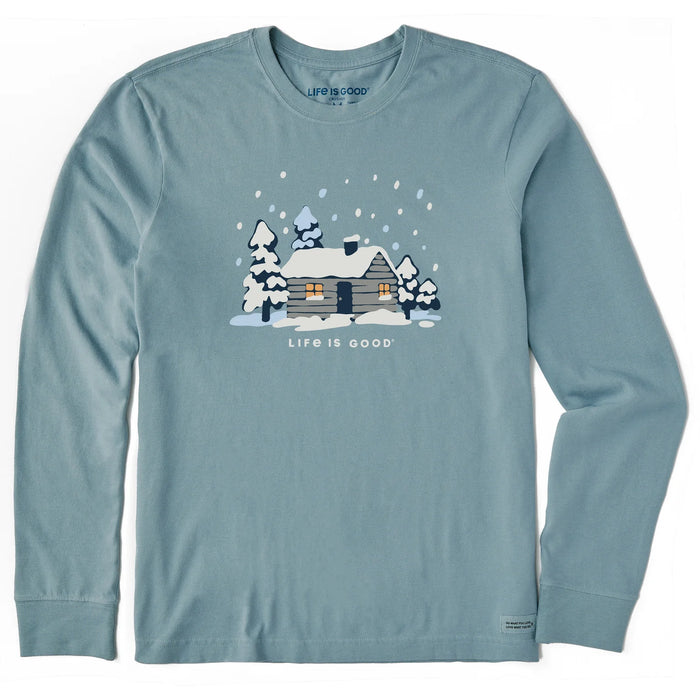 Life is Good. Men's Snowy Cabin in the Woods Long Sleeve Crusher Tee, Smoky Blue