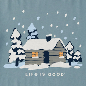 Life is Good. Men's Snowy Cabin in the Woods Long Sleeve Crusher Tee, Smoky Blue