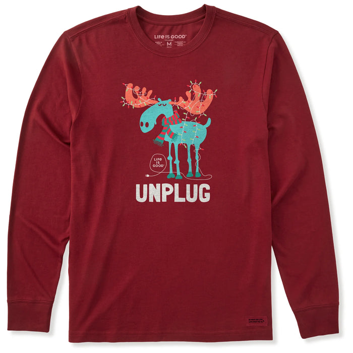 Life is Good. Men's Unplug Moose Long Sleeve Crusher Tee, Adirondack Red