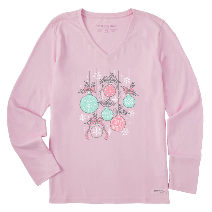 Life is Good. Women's Ornament Medley Long Sleeve Crusher Vee, Seashell Pink