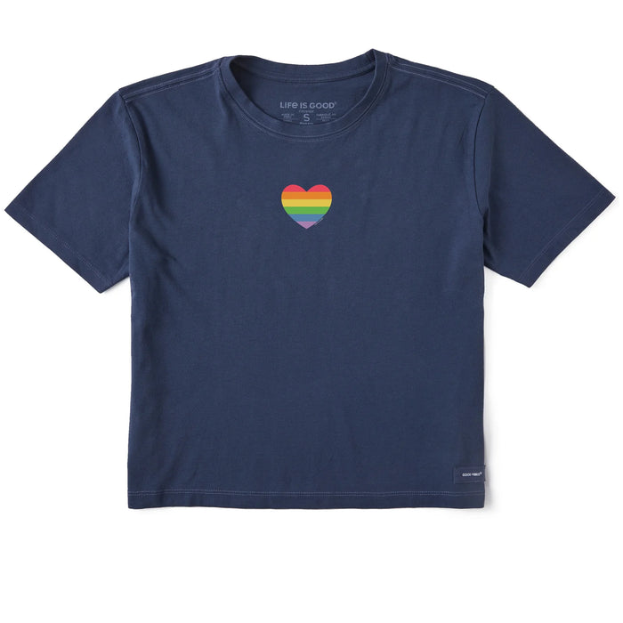 Life is Good. Women's Rainbow Pride Heart Crusher Boxy Tee, Darkest Blue