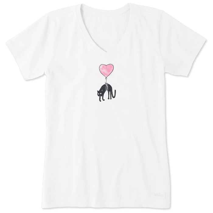 Life is Good. Women's Floating Kitty Balloon Short Sleeve Crusher-LITE Vee, Cloud White