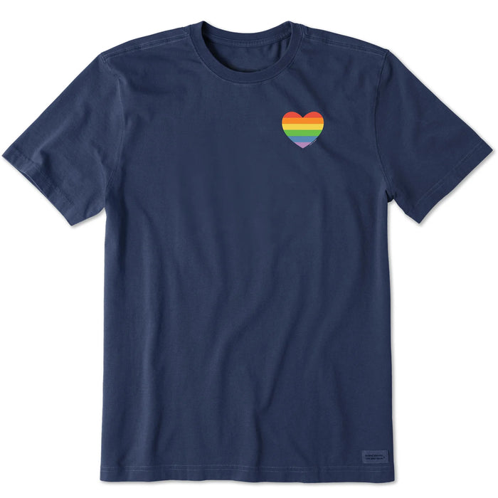 Life is Good. Men's Rainbow Pride Heart Crusher Tee, Darkest Blue