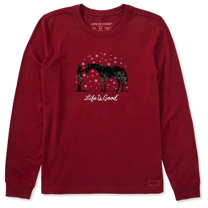Life is Good. Women's Holiday Horse Long Sleeve Crusher Tee, Adirondack Red