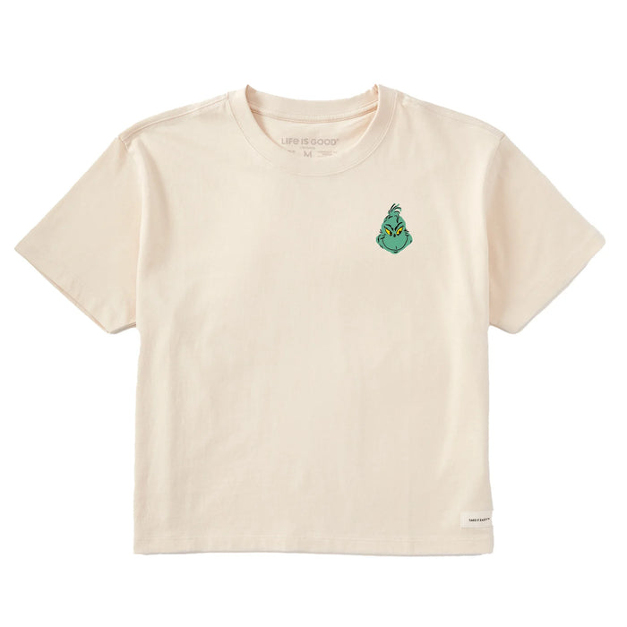 Life is Good. Women's Grinch Mini Face Short Sleeve Crusher Boxy Tee, Putty White
