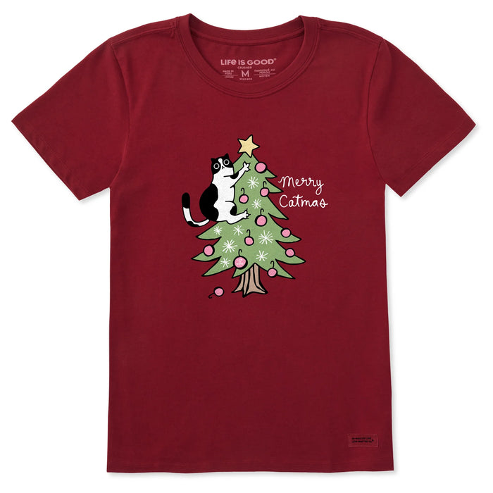 Life is Good. Women's Merry Catmas Climber Tree Short Sleeve Crusher Tee, Adirondack Red
