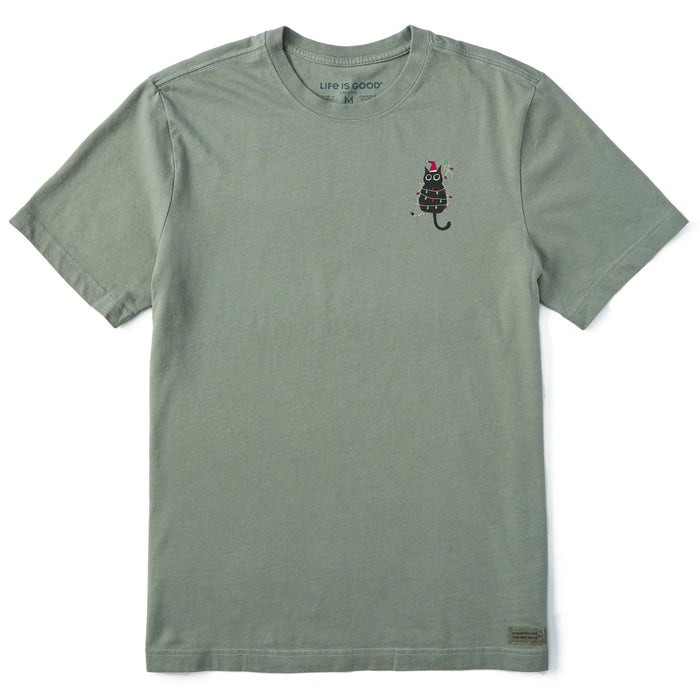 Life is Good. Men's Mini Black Cat Xmas Lights Short Sleeve Crusher Tee, Moss Green
