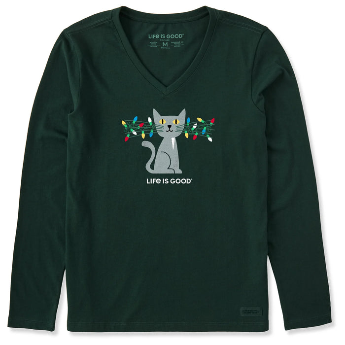 Life is Good. Women's Lit Up Cat Long Sleeve Crusher Vee, Treeline Green
