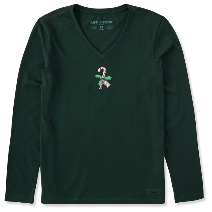 Life is Good. Women's Candy Cane Holly Long Sleeve Crusher Vee, Treeline Green