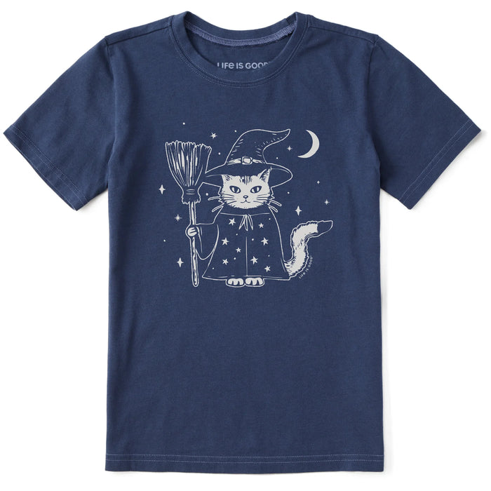 Life is Good. Kids Witch Kitty Short Sleeve Crusher Tee, Darkest Blue