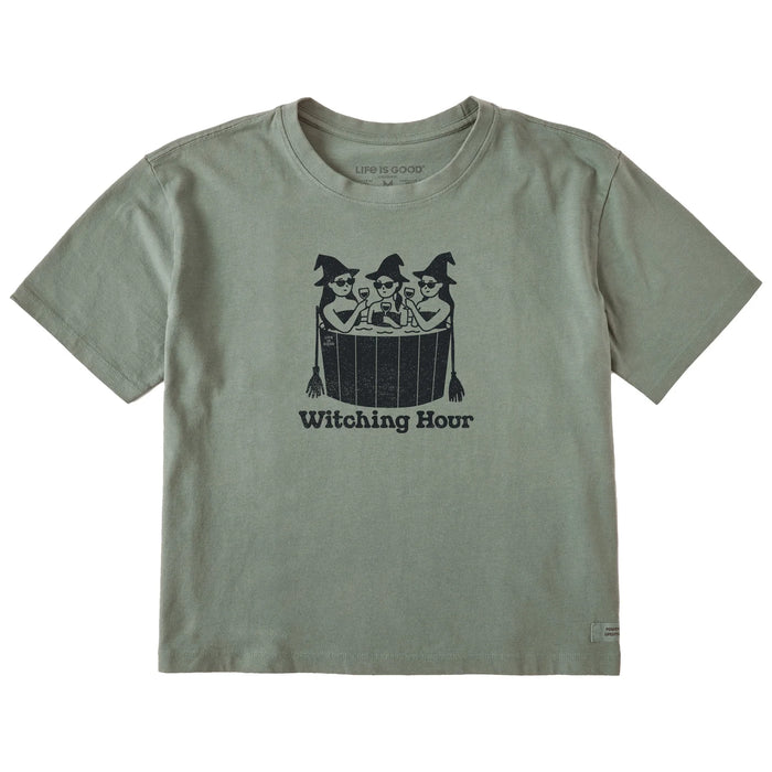 Life is Good. Women's Witching Hour Short Sleeve Crusher Boxy Tee, Moss Green