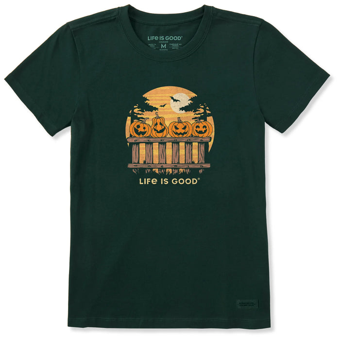 Life is Good. Women's Pumpkins On a Fence Short Sleeve Crusher Tee, Treeline Green