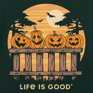 Life is Good. Women's Pumpkins On a Fence Short Sleeve Crusher Tee, Treeline Green
