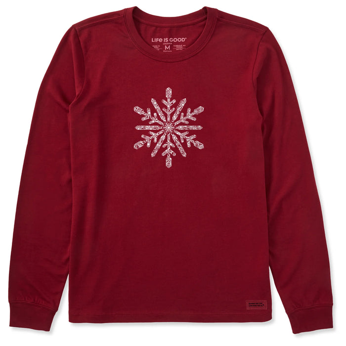 Life is Good. Women's Contrast Snowflake Long Sleeve Crusher Tee, Adirondack Red