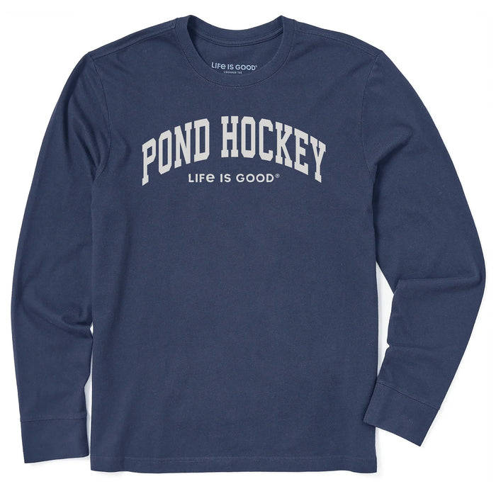 Life is Good. Men's Pond Hockey Arch Long Sleeve Crusher Tee, Darkest Blue