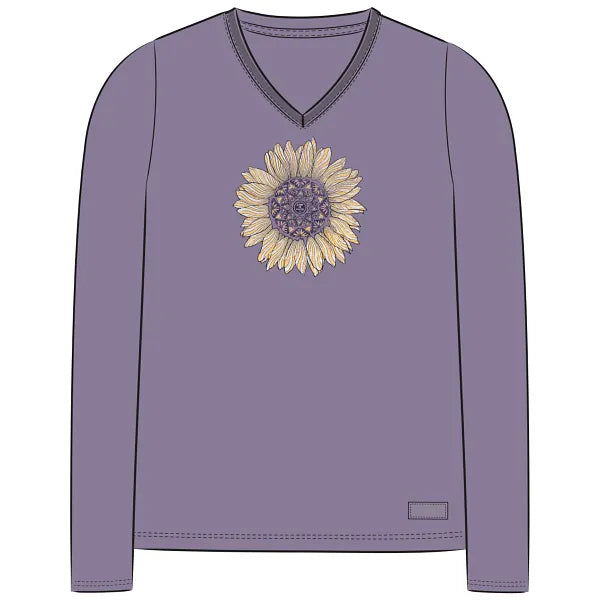 Life is Good. Women's Detailed Sunflower Long Sleeve Crusher Vee, Dusk Purple