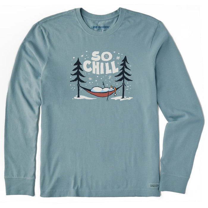 Life is Good. Men's So Chill Snowman Long Sleeve Crusher Tee, Smoky Blue