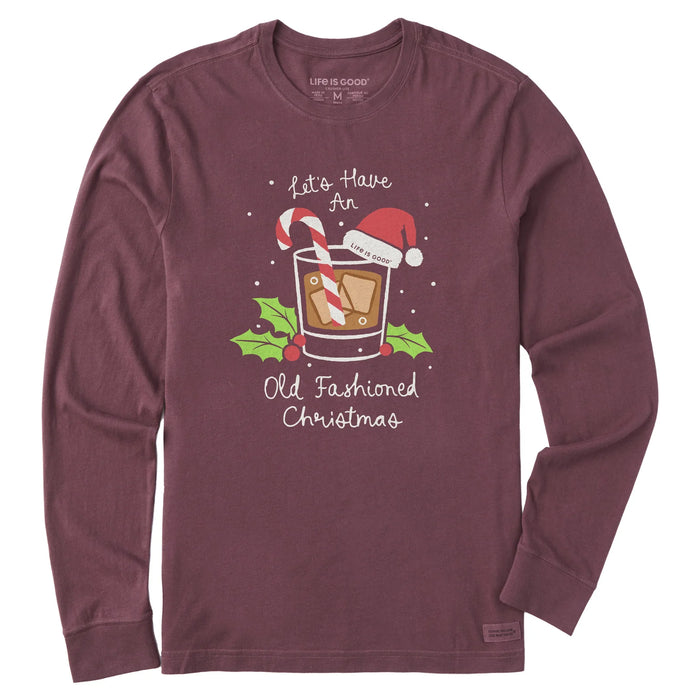Life is Good. Men's Let's Have an Old Fashioned Christmas Long Sleeve Crusher Tee, Mahogany Brown