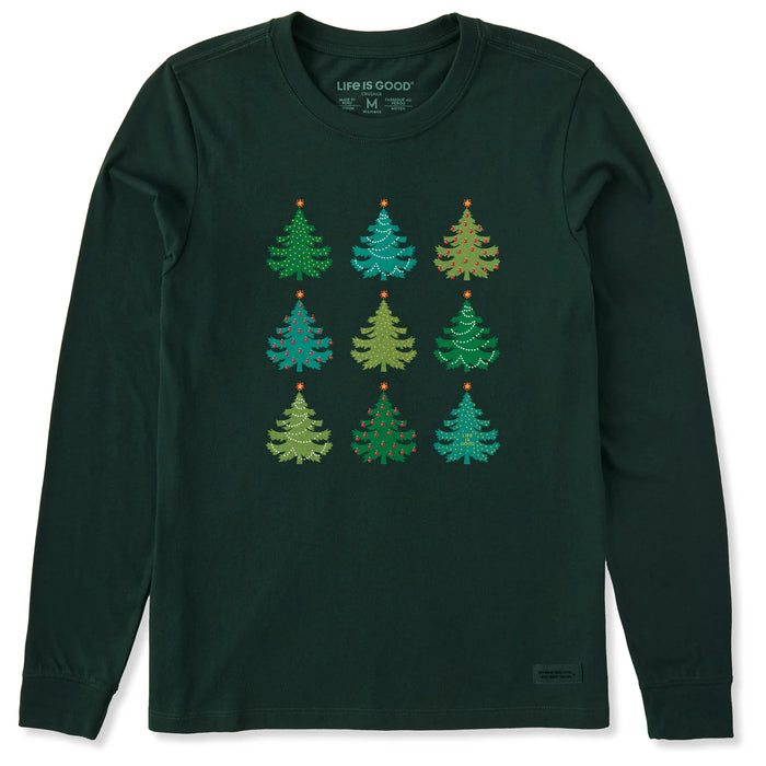 Life is Good. Women's Nine Christmas Trees Long Sleeve Crusher Tee, Treeline Green