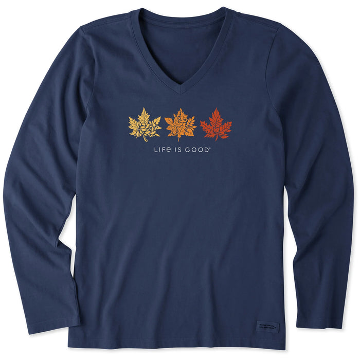 Life is Good. Women's Leafy Leaf Trio Long Sleeve Crusher Vee, Darkest Blue