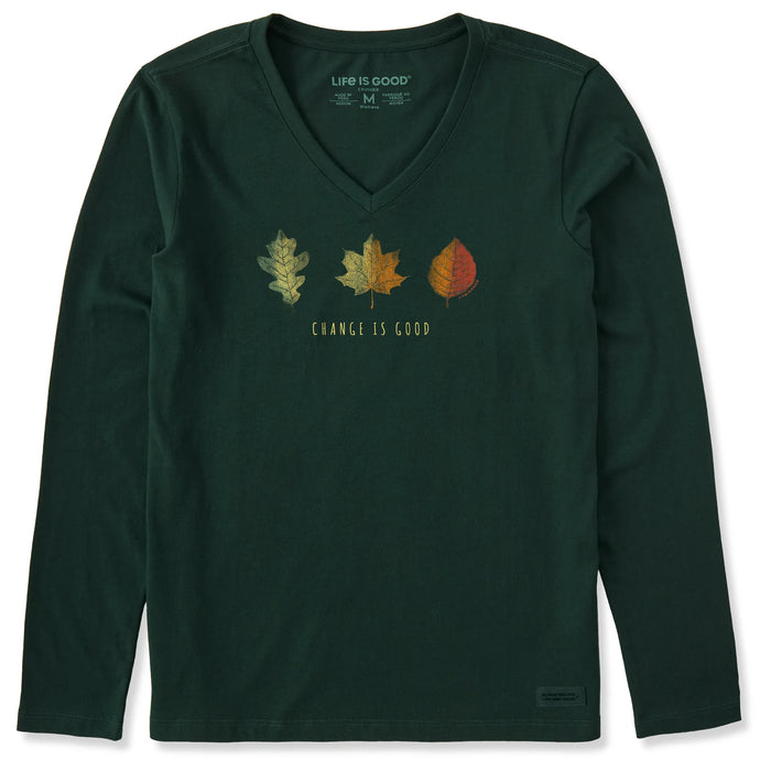 Life is Good. Women's Change is Good Leaves Long Sleeve Crusher Vee, Treeline Green