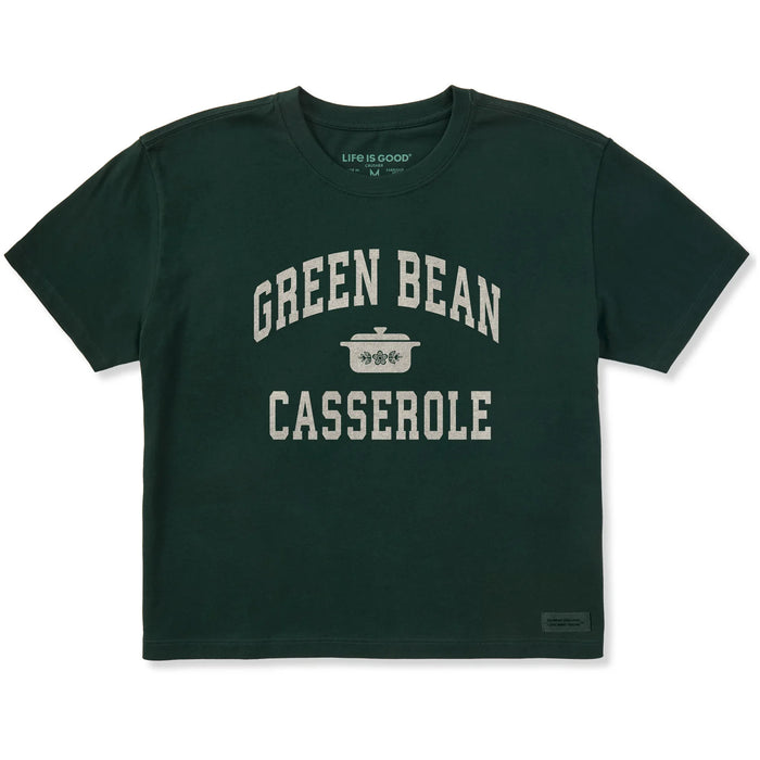 Life is Good. Women's Green Bean Casserole Crusher Boxy Tee, Treeline Green