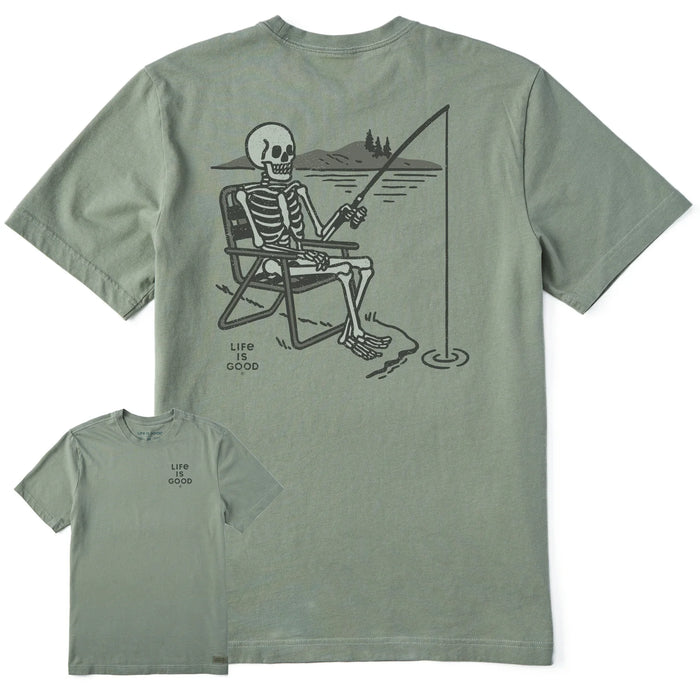 Life is Good. Men's Fishing Skeleton Short Sleeve Crusher Tee, Moss Green