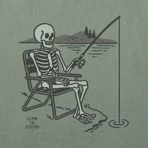 Life is Good. Men's Fishing Skeleton Short Sleeve Crusher Tee, Moss Green
