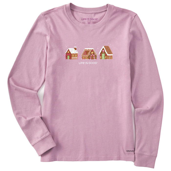 Life is Good. Women's Gingerbread House Trio Long Sleeve Crusher Tee, Violet Purple