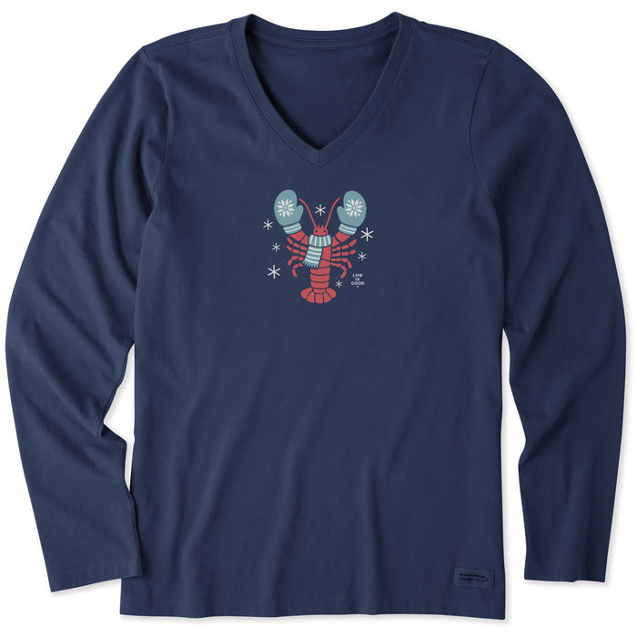 Life is Good. Women's Holiday Lobster Long Sleeve Crusher Vee, Darkest Blue