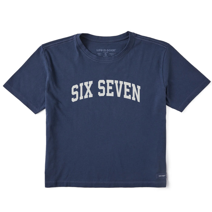 Life is Good. Women's Six Seven Arch Short Sleeve Crusher Boxy Tee, Darkest Blue