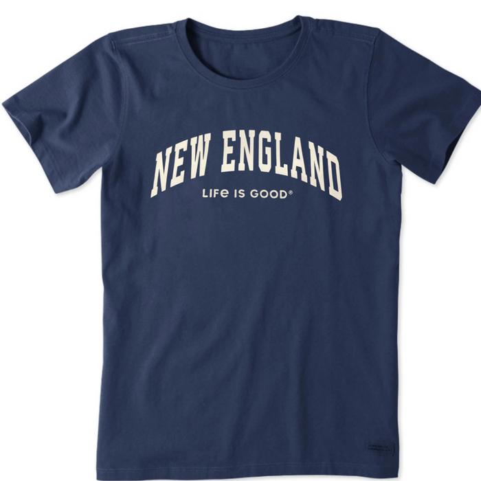 Life is Good. Women's New England Athletic Arch Crusher Tee, Darkest Blue