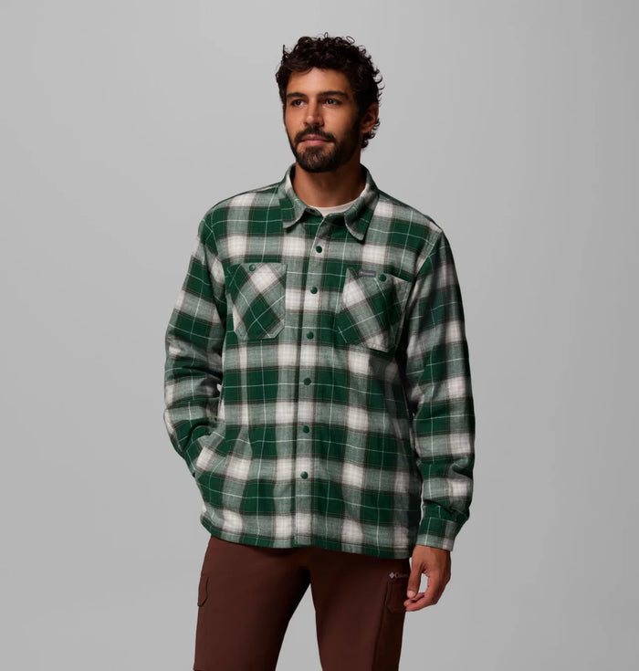 Columbia. Men's Cornell Woods Fleece Lined Shirt Jacket in Rain Forest Lumberjack Tartan