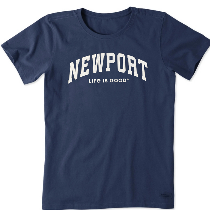 Life is Good. Women's Newport Athletic Arch Crusher Tee, Darkest Blue