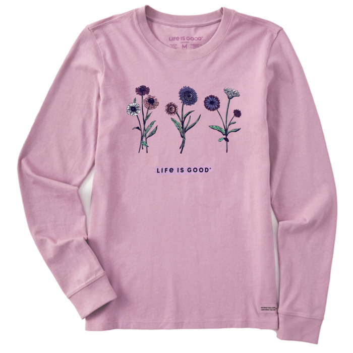 Life is Good. Women's Botanical Flowers Long Sleeve Crusher Tee, Violet Purple