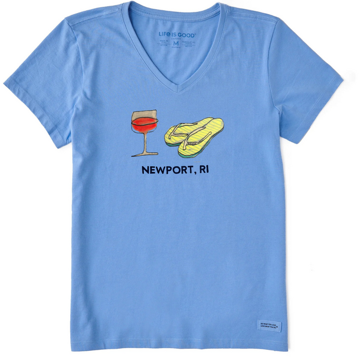 Life is Good. Women's Beach Flip Flops Newport RI Crusher Vee, Cornflower Blue
