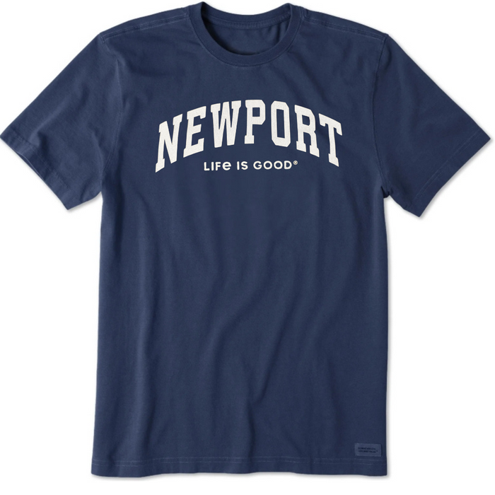 Life is Good. Men's Newport Athletic Arch Crusher Tee, Darkest Blue
