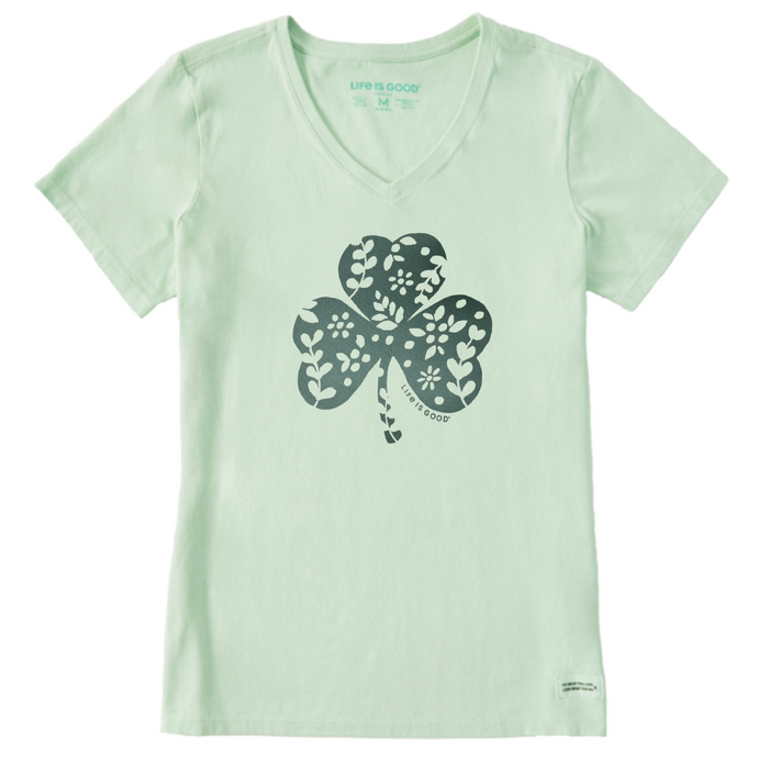Life is Good. Women's Fossil Clover Crusher Vee, Sage Green