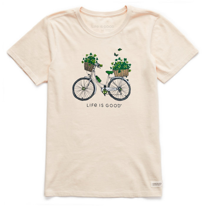 Life is Good. Women's Realaxed Clover Bike Crusher Tee, Putty White