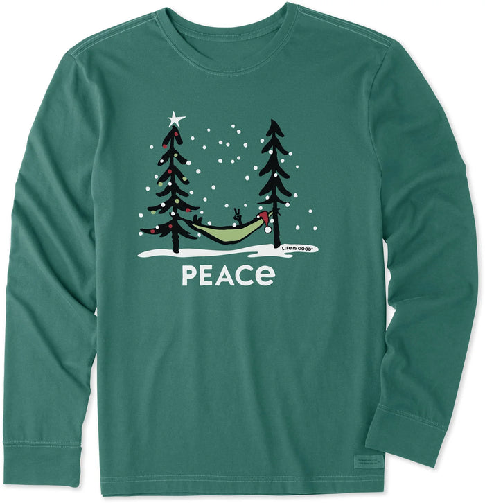 Life is Good. Men's Holiday Hammock Long Sleeve Crusher Tee, Spruce Green