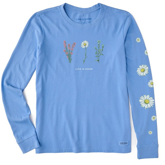 Life is Good. Women's Detailed Wildflowers Long Sleeve Crusher Tee, Cornflower Blue