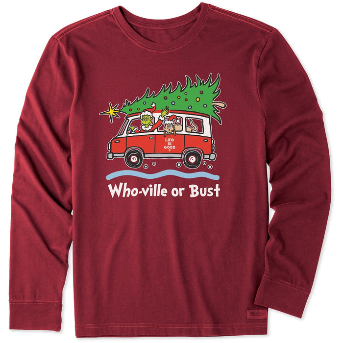 Life is Good. Men's Grinch and Max Who-Ville Or Bust LS Crusher Tee, Cranberry Red