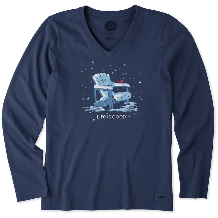 Life is Good. Women's Snowy Adirondack Cardinal Long Sleeve Crusher Vee, Darkest Blue