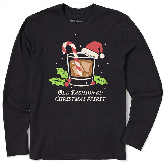 Life is Good. Men's Old Fashioned Christmas Spirit Long Sleeve Crusher Tee, Faded Black