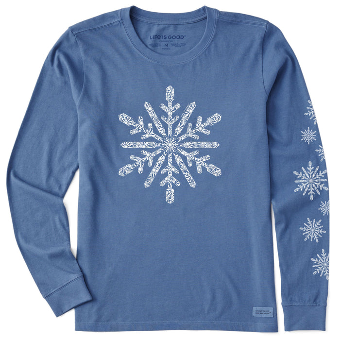 Life is Good. Women's Contrast Snowflake LS Crusher Tee, Vintage Blue