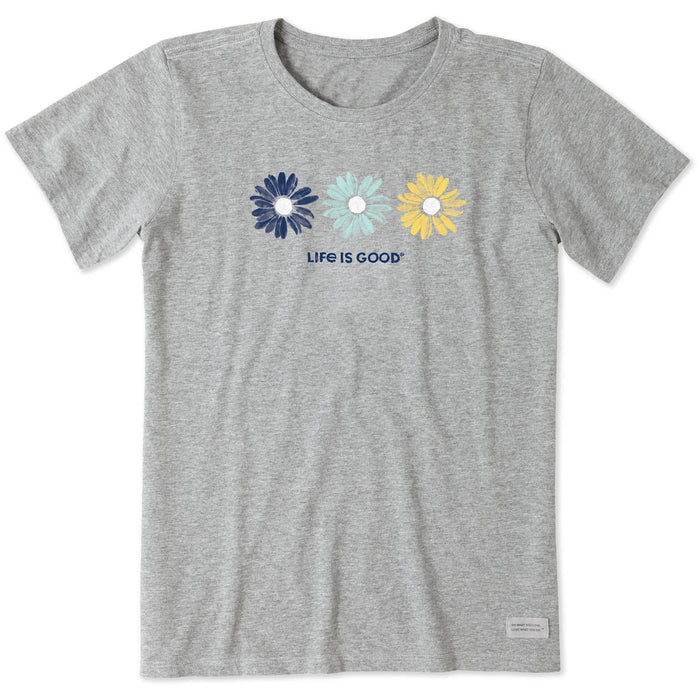 Life is Good. Women's Three Painted Daisies Short Sleeve Crusher Tee, Heather Gray