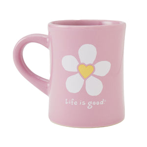 Life is Good. Diner Mug Bold Heart Flower, Vintage Purple
