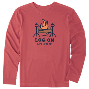 Life is Good. Men's Log On Fireplace Long Sleeve Crusher Tee, Faded Red